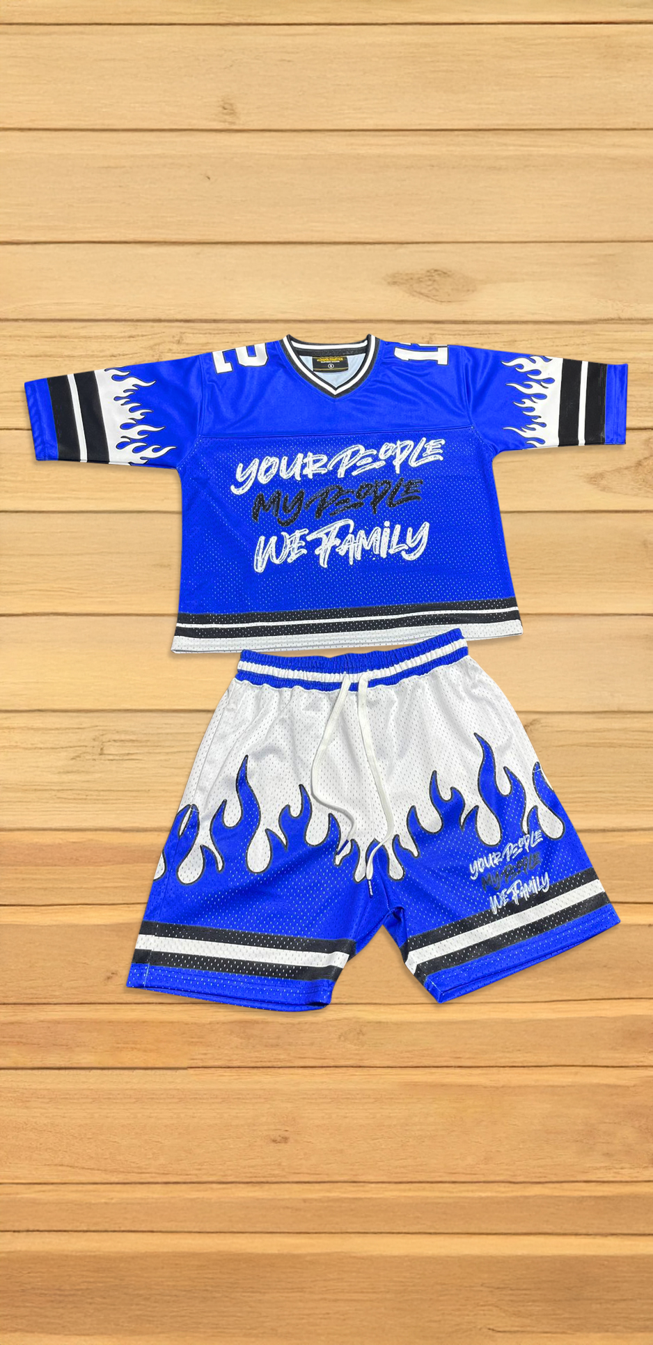 BLUE AND WHITE JERSEY OR JERSEY SHORTS