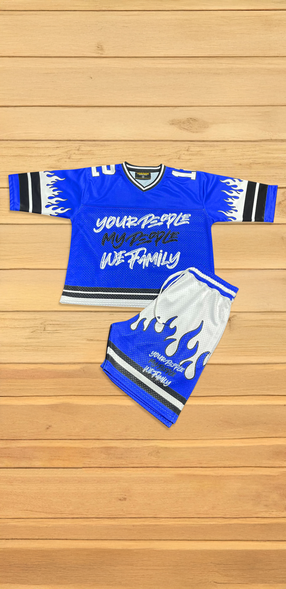 BLUE AND WHITE JERSEY OR JERSEY SHORTS