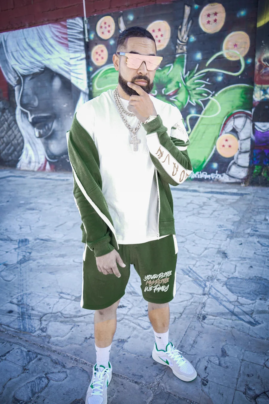 Olive Green and Yellow Jogger Short Set w/Piping Reflectors