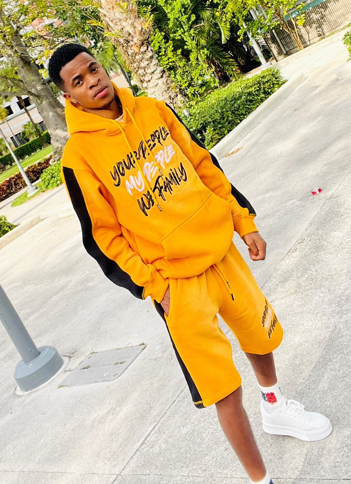 Gold and Black Stripe Sun fade Your People My People Hoodie Short Set