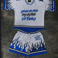 WHITE AND BLUE JERSEY AND SHORTS