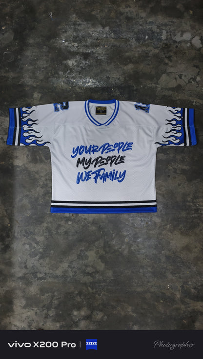 WHITE AND BLUE JERSEY AND SHORTS