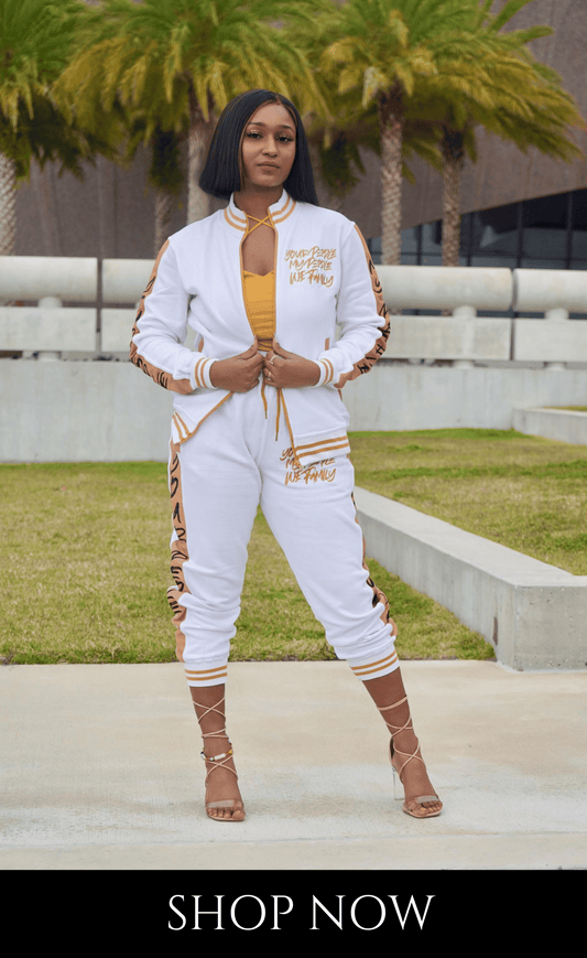 Women's Cut Zip Down White Jogger Set